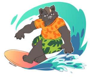 An illustration of MFC's mascot, Boris, surfing.