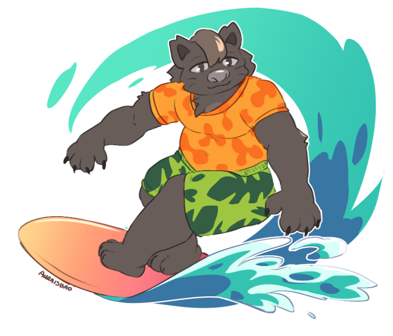 An illustration of MFC's mascot, Boris, surfing.